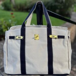 Boatkin Stylish Canvas Boat Tote Bag with Navy Accents Gold Hardware